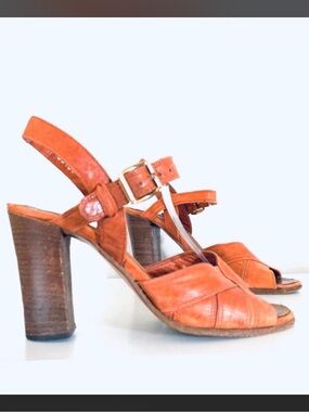 Vintage 70s Boho Hippie Heels Tan Cognac Sandals Size 6